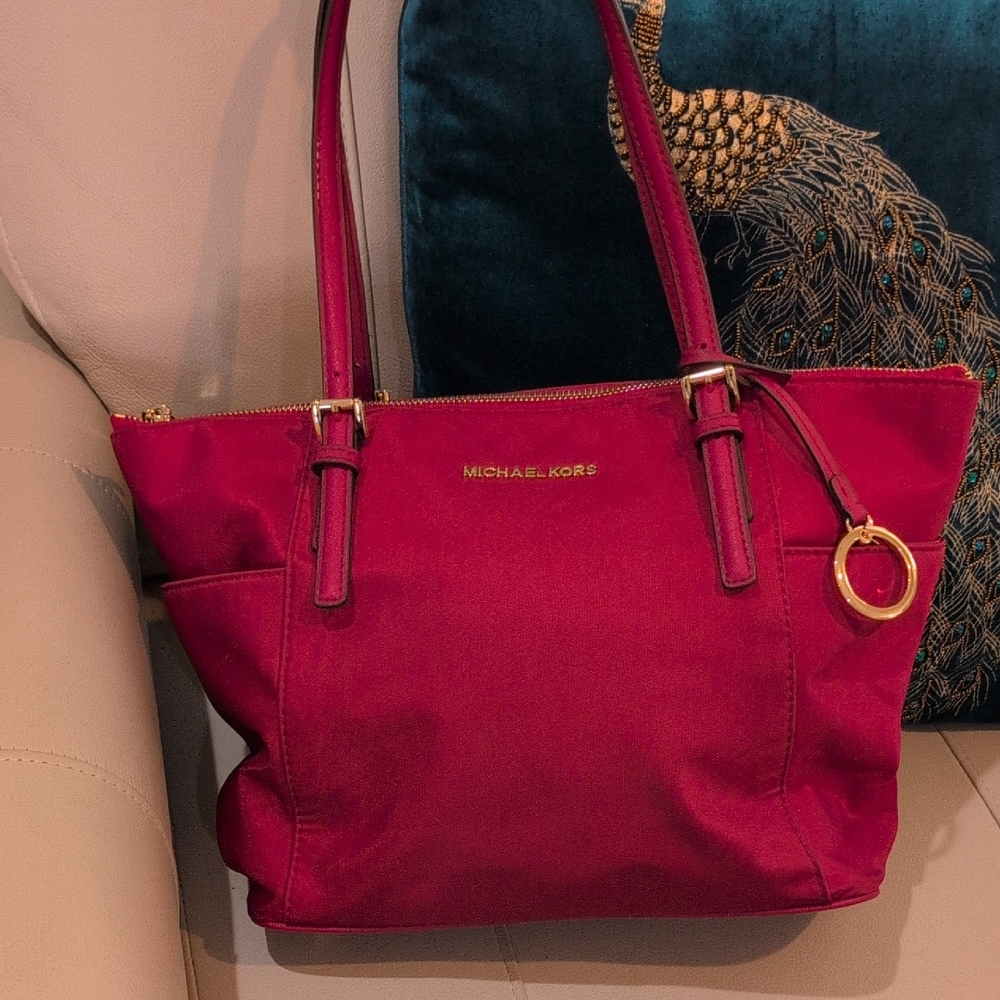Michael Kors Cherry Red Travel Top Zip Morgan Tote